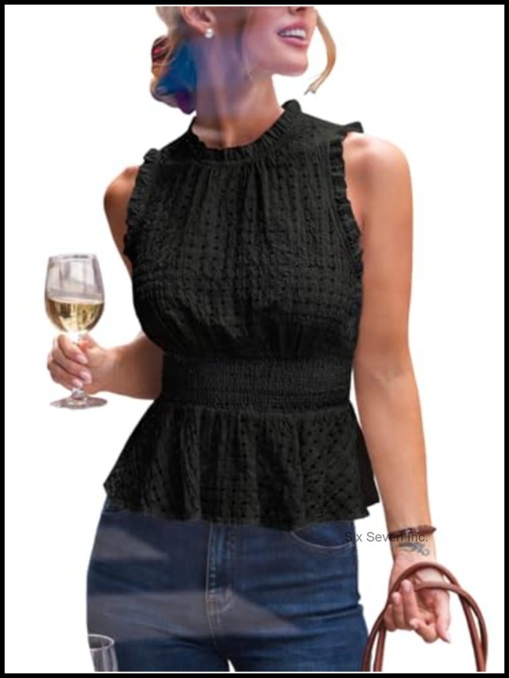 Textured Mock Neck Smocked Sleeveless Peplum Tank Top Casual